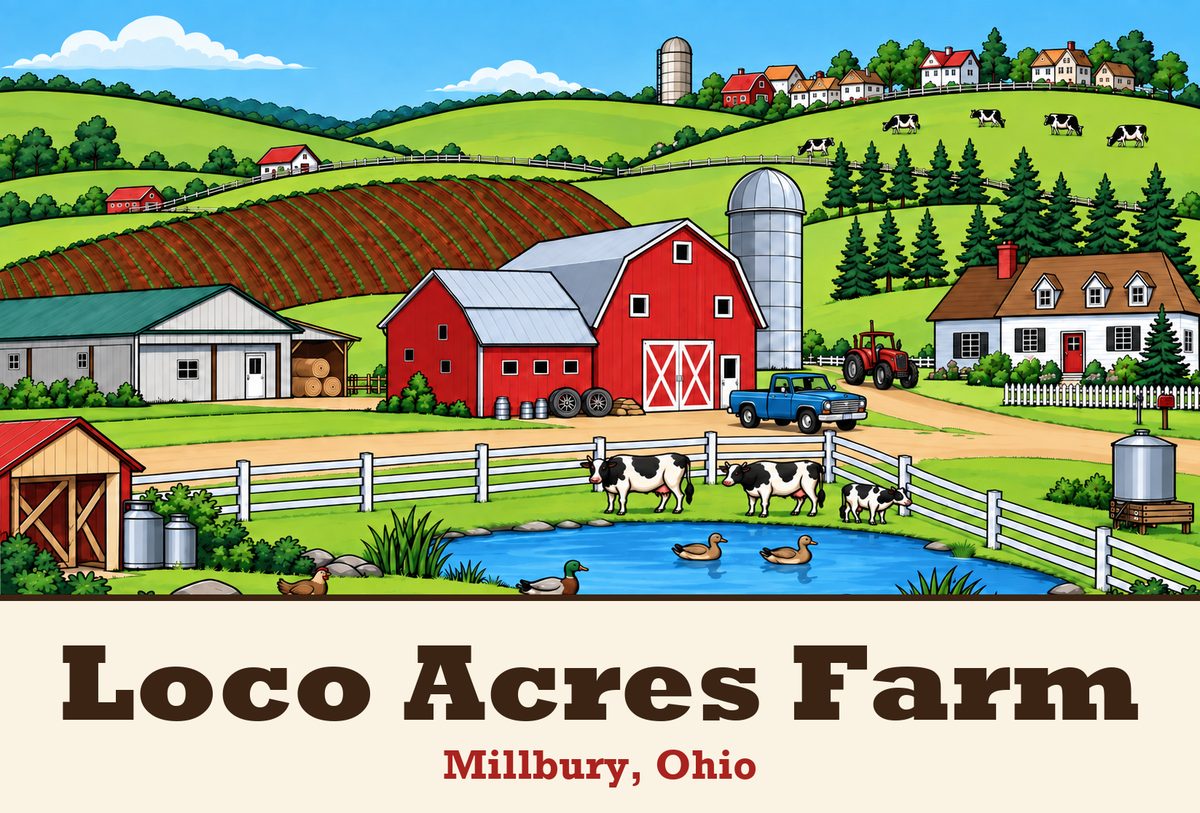 Loco Acres Farm, Millbury, Ohio — illustrated farm scene with the red barn, silo, duck pond and cows